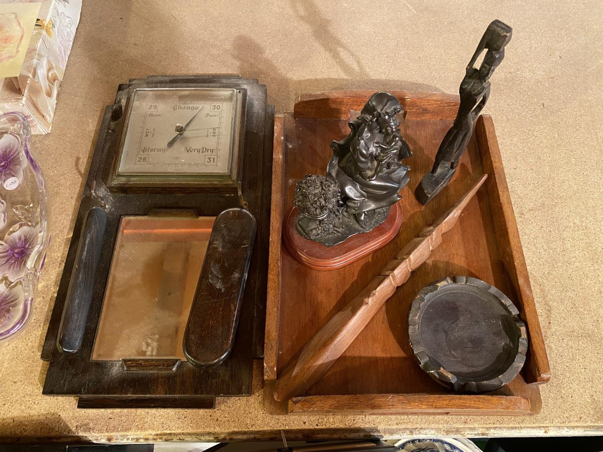 A DECO STYLE BAROMETER AND MIRROR SET AND A WOODEN TRAY ETC