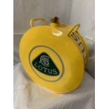 A YELLOW LOTUS PETROL CAN WITH BRASS STOPPER