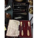 A LATE 19TH CENTURY CASED HUNTING BOOT TOOL SET AND A CASED EARLY DRESSING TABLE TOOL SET WITH