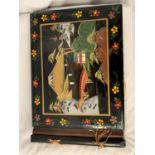 A VINTAGE HANDPAINTED WOODEN PHOTO ALBUM, DEPCITING AN ORIENTAL SCENE WITH MOTHER OF PEARL INLAY
