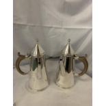 TWO HALLMARKED SILVER, WOODEN HANDLED, CONICAL HOT DRINK VESSELS WITH HINGED LIDS