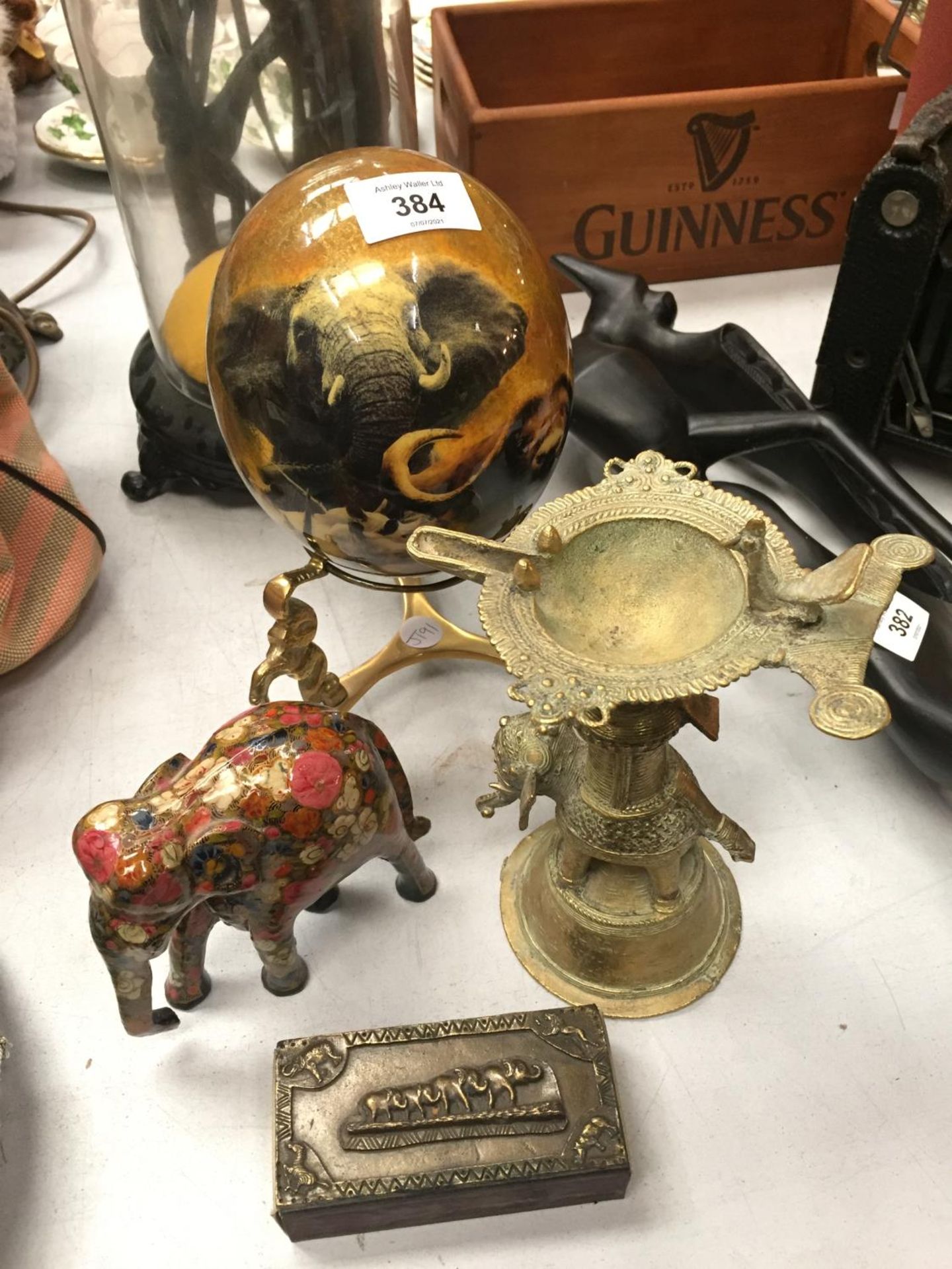 FOUR ITEMS OF DECORATIVE ELPHANT COLLECTABLES TO INCLUDE A MATCH BOX HOLDER