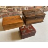 A COLLECTION OF WOODEN STORAGE BOXES, A BRASS HANDLED TWO LAYER DESK STORAGE BOX WITH HIDDEN SECTION