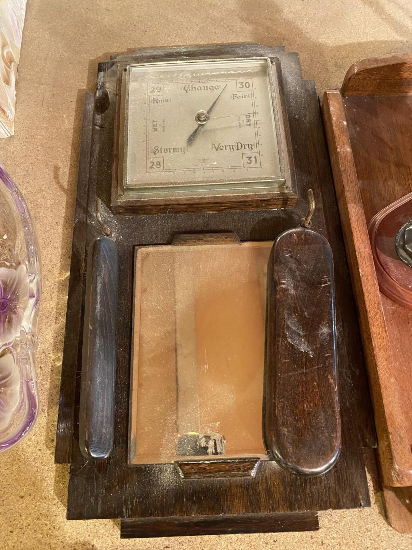 A DECO STYLE BAROMETER AND MIRROR SET AND A WOODEN TRAY ETC - Image 2 of 3