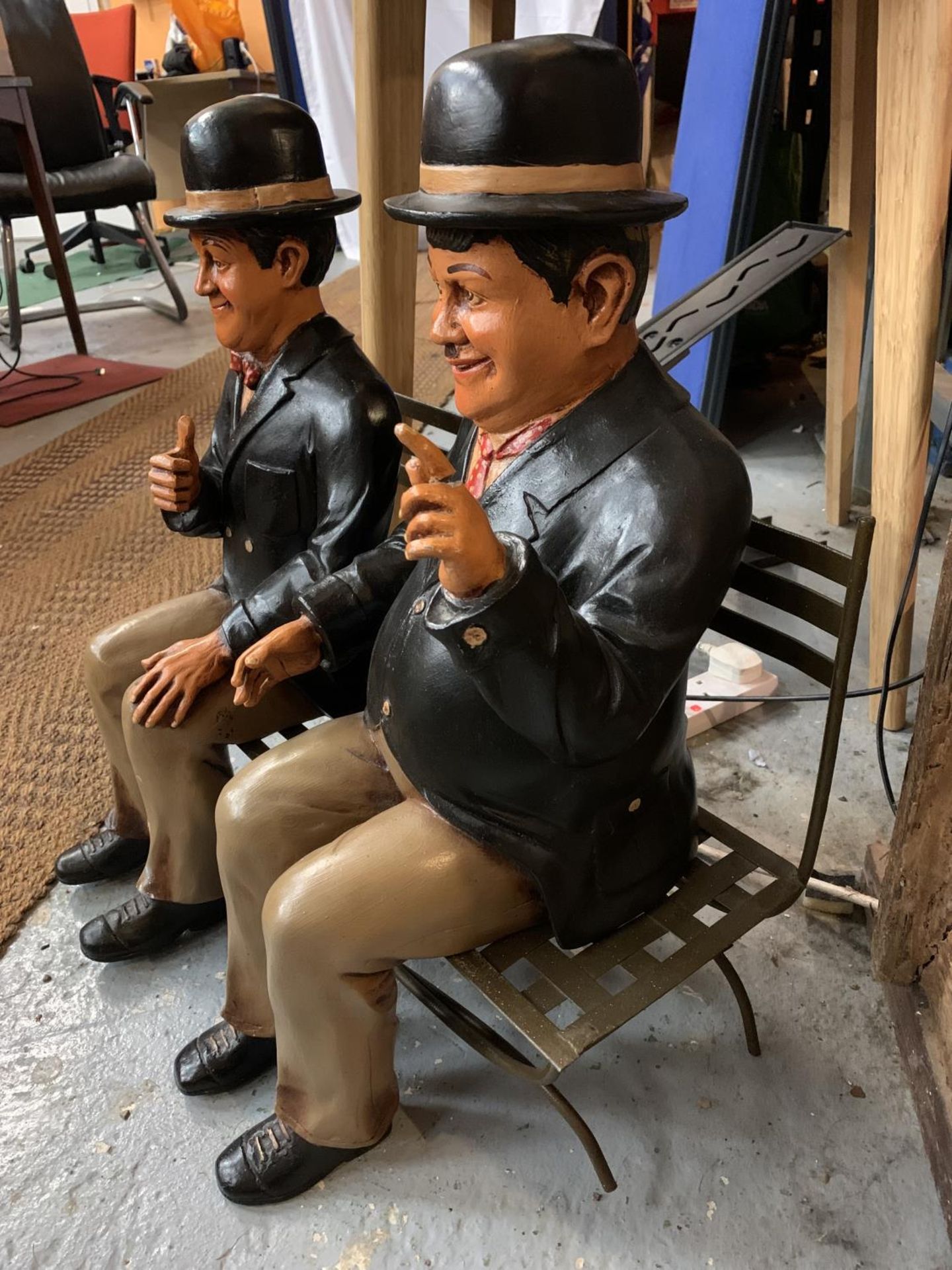 LARGE MODELS OF LAUREL AND HARDY SAT ON A CAST METAL SEAT - Image 3 of 3