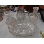 A COLLECTION OF GLASSWARE TO INCLUDE A 19TH CENTURY STRAP HANDLED WHISKY CUT GLASS JUG , A REGENCY