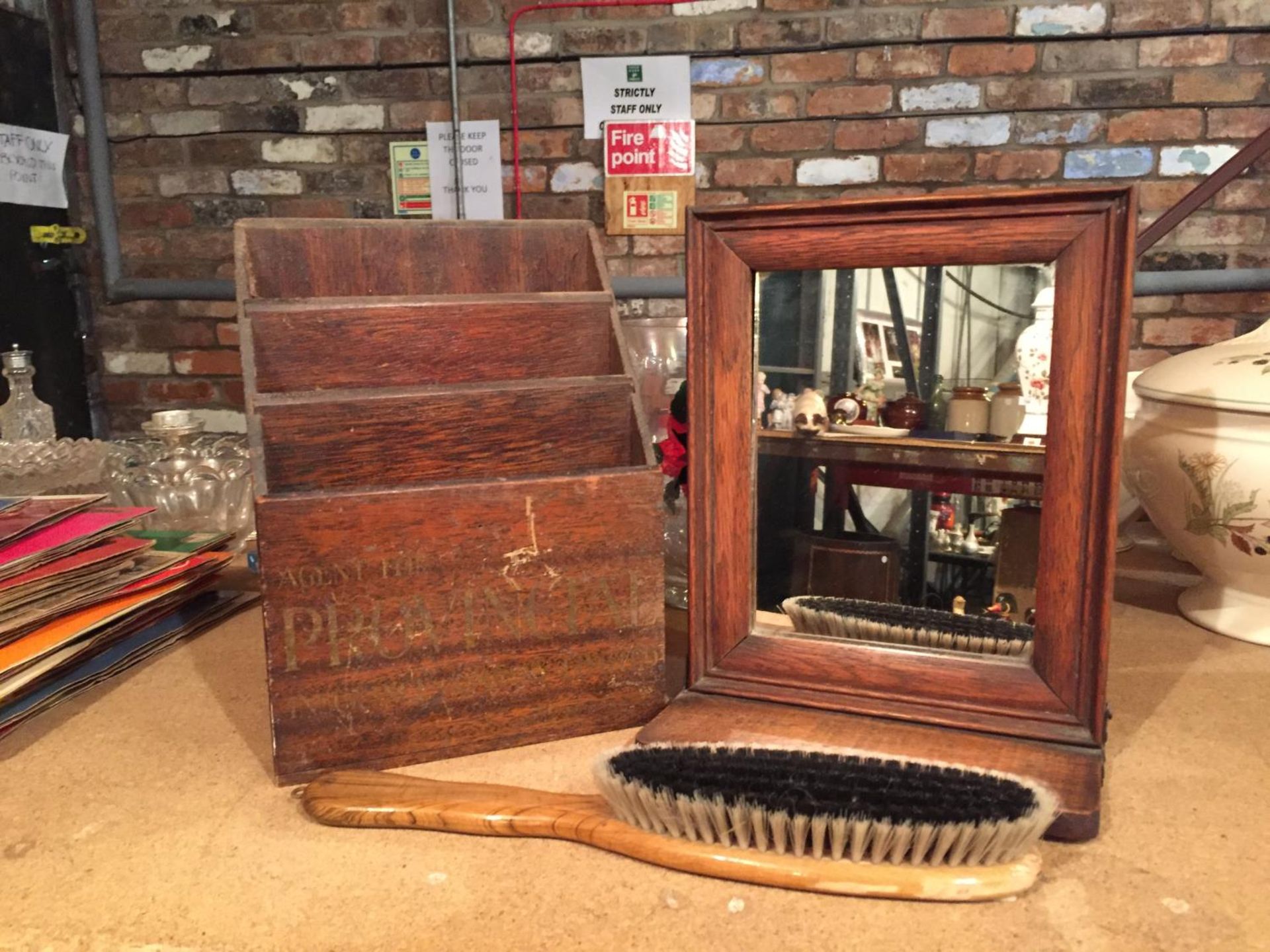 THREE VINTAGE ITEMS TO INCLUDE A PROVINCIAL INSURANCE LETTER RACK, A JUST HOUSEWARE BRUSH AND A