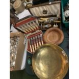 VARIOUS ITEMS TO INCLUDE BOXED FLATWARE, BRASS DISH, SPOON REST AND A TREEN BOWL