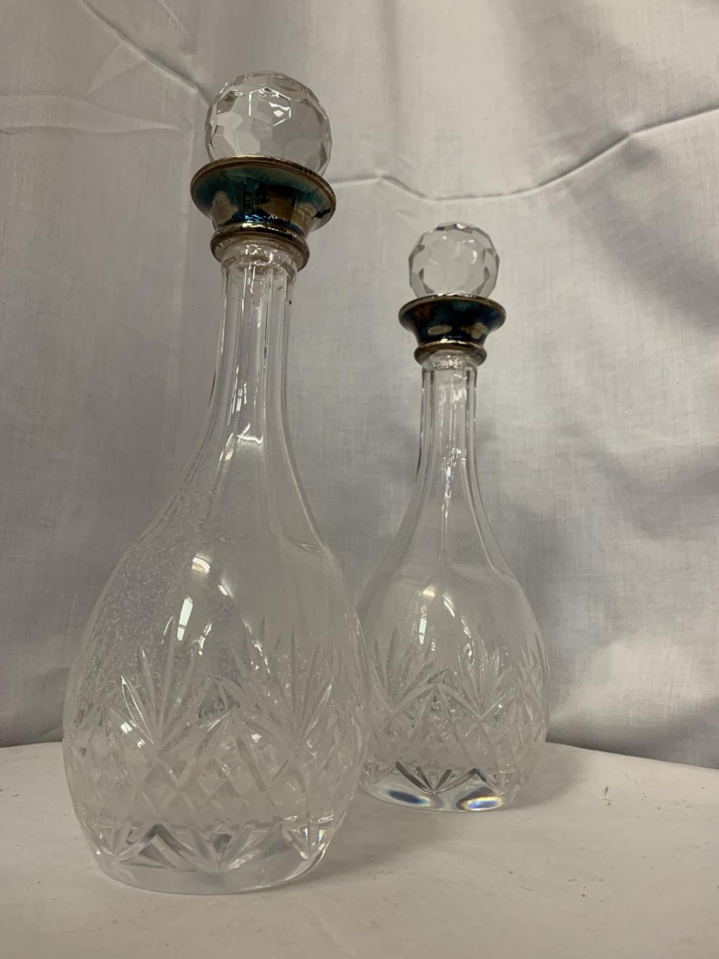 TWO MATCHING GLASS DECANTERS WITH HALLMARKED SILVER COLLARS AND GLASS STOPPERS - Image 3 of 3