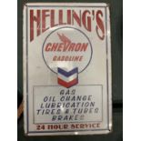 A HELLING CHEVRON GASOLINE TIN SIGN 20CM X 30CM