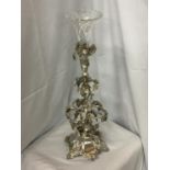 AN ORNATE SILVER PLATED EPERGENE WITH GLASS FLUTE HEIGHT 65CM