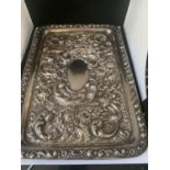 A HALLMARKED LONDON 1909 SILVER ORNATE TRAY 11.5 INCHES BY 8 INCHES WEIGHT 380 GRAMS