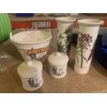 TWO PORTMEIRION 'THE BOTANIC GARDEN' VASES AND THREE VICTORIAN STYLE BATHROOM ACCESSORIES