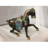A CHINESE BRONZE CLOISONNE ENAMEL AND GILT HORSE