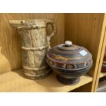 A LARGE HILLSTONIA JUG AND A TREEN LIDDED BOWL
