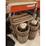 A VINTAGE BASKET WITH BOTTLE HOLDERS AND ORIGINAL BOUTEILLES L'IDEALE CONSERVES BOTTLES