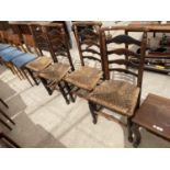 FOUR OAK LADDER BACK DINING CHAIRS WITH RUSH SEATS