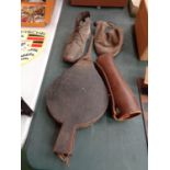 FOUR VINTAGE ITEMS TO INCLUDE BELLOWS, A BOOT, WATER BOTTLE AND CHAP