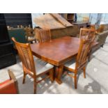 A MODERN YEW WOOD DINING TABLE, 64X42" AND SIX MATCHING CHAIRS WITH RATTAN BACKS