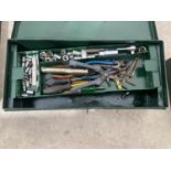 A METAL TOOL BOX AND AN ASSORTMENT OF TOOLS