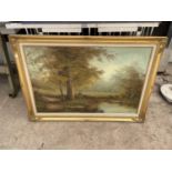 A GILT FRAMED PRINT ON CANVAS SIGNED IN THE BOTTOM RIGHT HAND CORNER