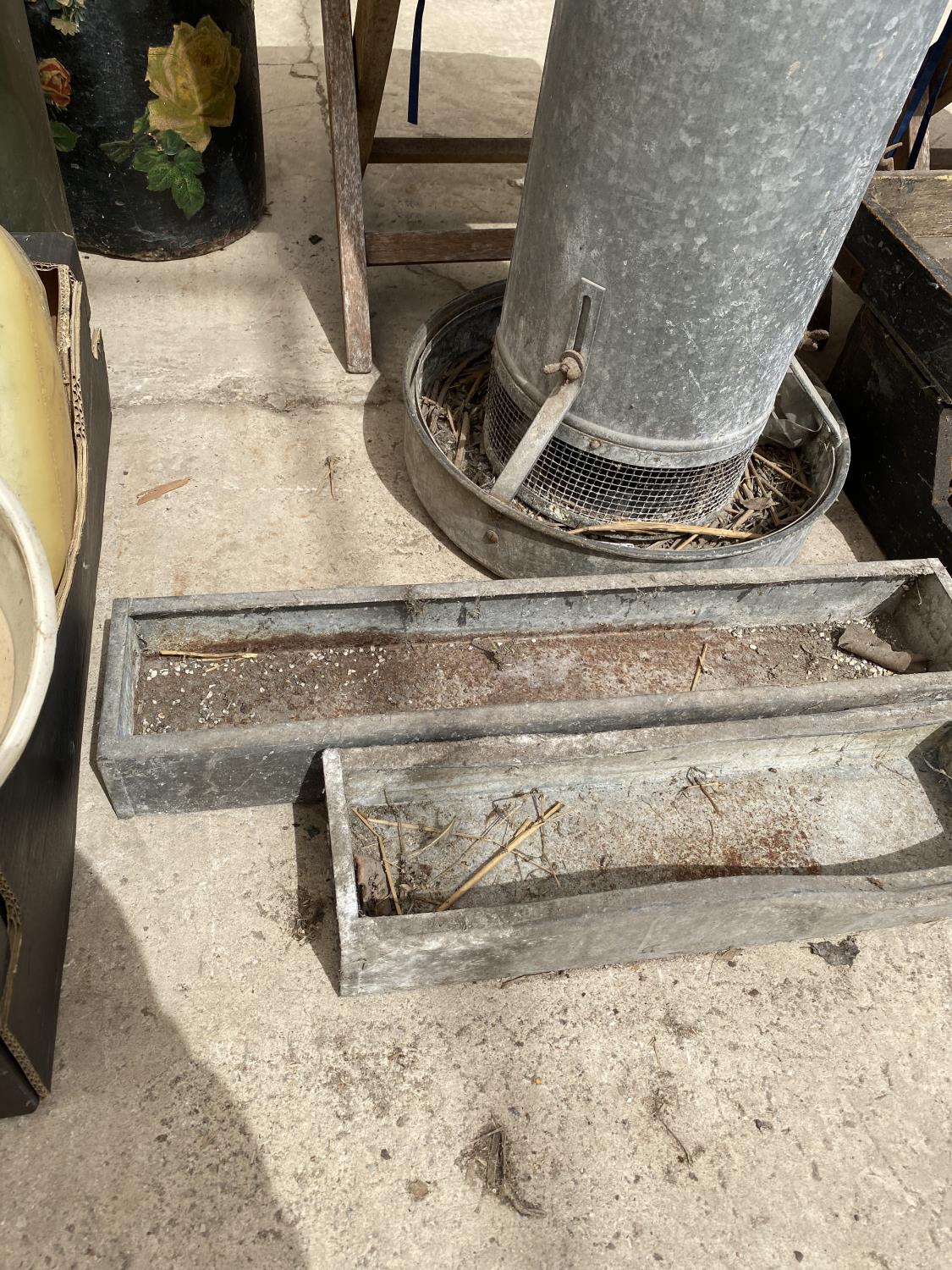 A TALL GALVANISED POULTRY FEEDER AND TWO FURTHER GALVANISED TROUGHS - Image 4 of 4