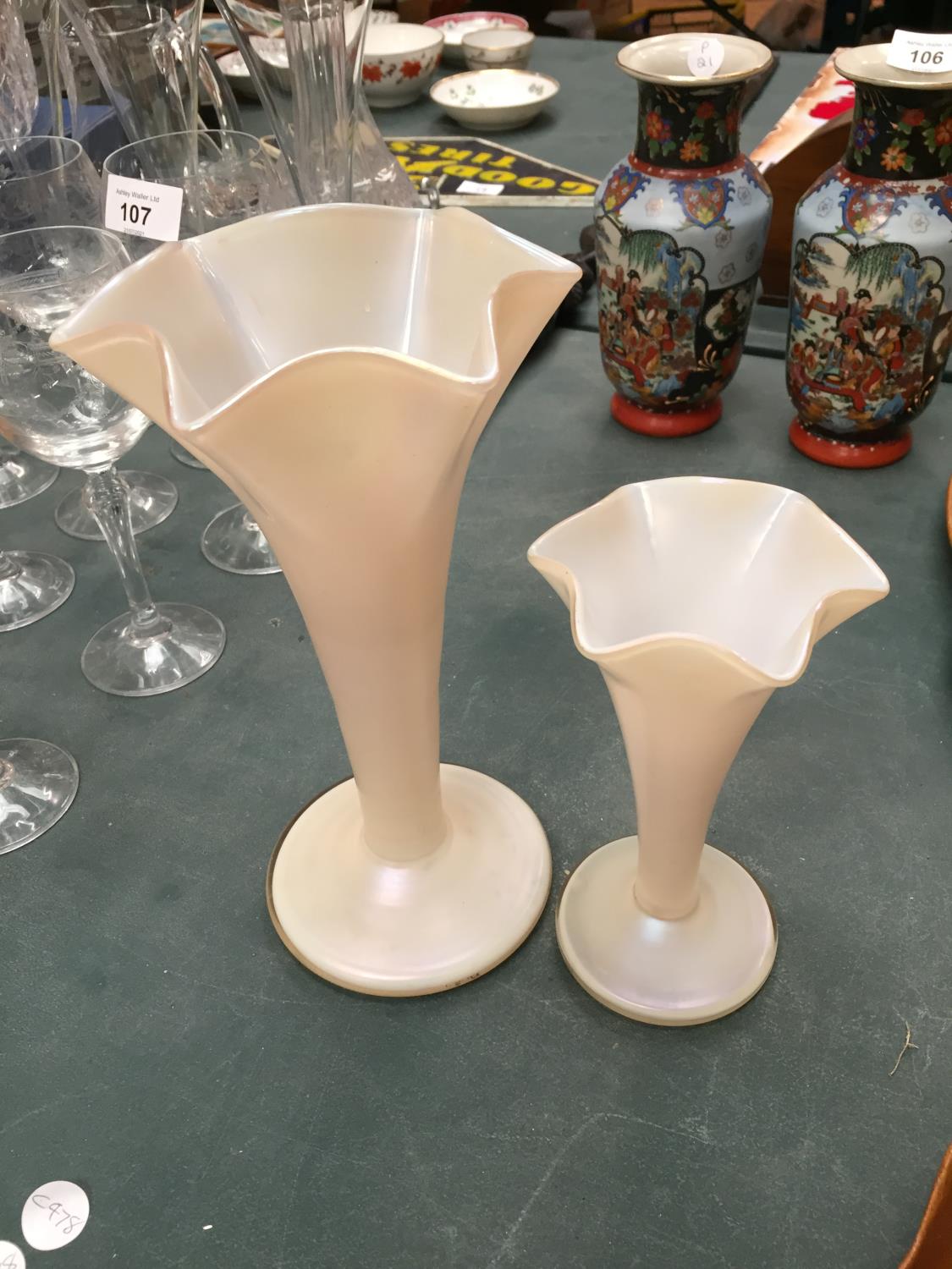 TWO PEARLISED GLASS VASES