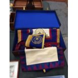 A LEATHER MASONIC CASE WITH ASSOCIATED REGALIA