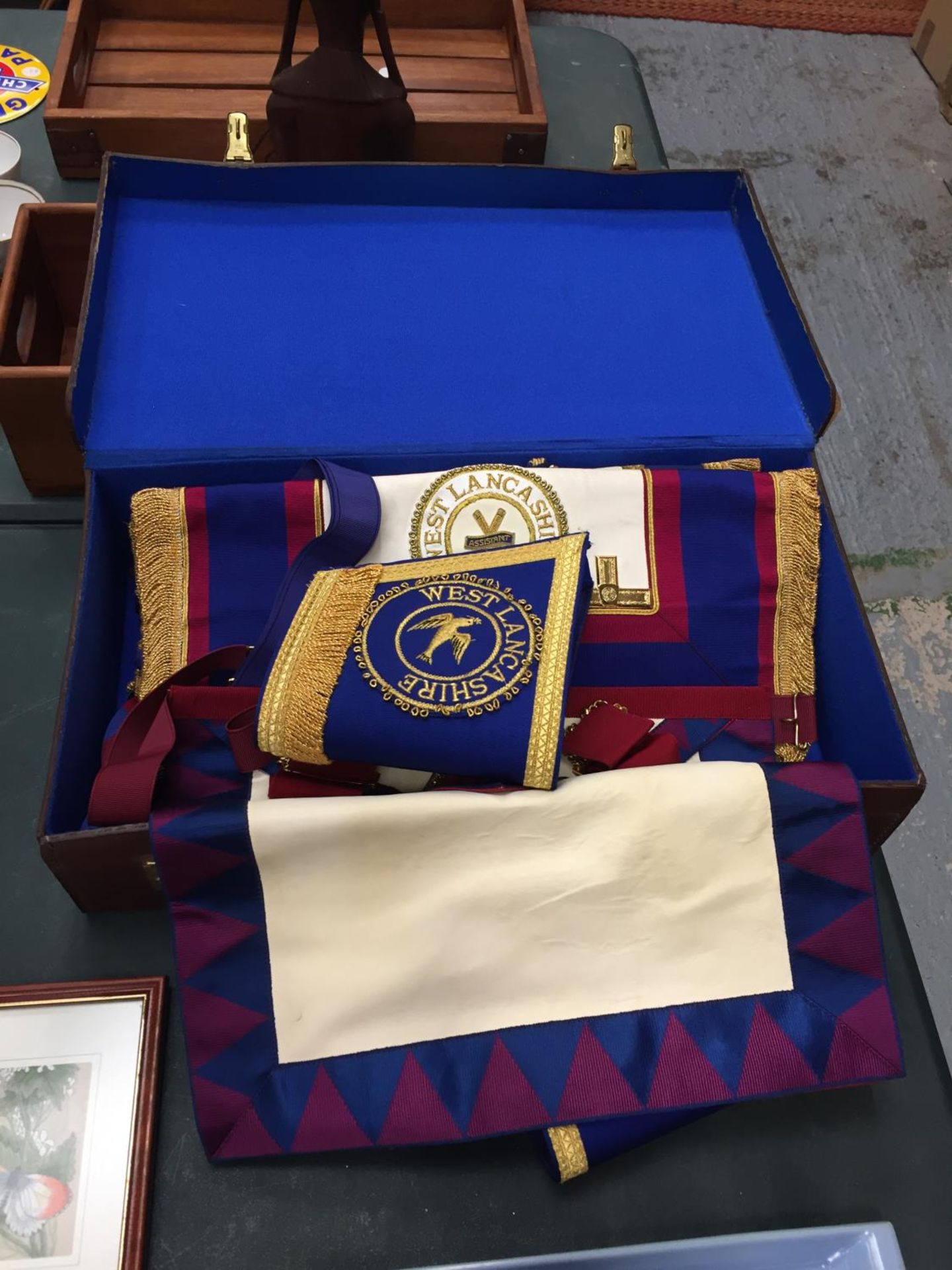 A LEATHER MASONIC CASE WITH ASSOCIATED REGALIA