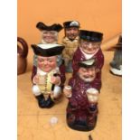 FIVE ROYAL DOULTON TOBY JUGS TO INCLUDE 'SIR FRANCIS DRAKE' 'JOLLY TOBY' AND 'FALSTAFF'