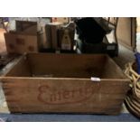 A VINTAGE WOODEN EMERY CRATE