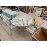 A MODERN CAST ALLOY BISTRO SET WITH ROUND TABLE AND FOUR CHAIRS