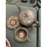 THREE ITEMS TO INCLUDE A DECORATIVE PEWTER TEAPOT AND SUGAR BOWL