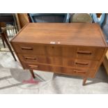 A RETRO TEAK CHEST OF THREE DRAWERS BEARING STAMP 'MADE IN DENMARK, DESIGNED BY TIBERGAARD', 33.5"