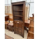 AN OLD CHARM STYLE OAK OPEN CORNER CUPBOARD WITH DOOR TO BASE