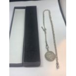 A SILVER HALF ALBERT WATCH CHAIN AND FOB WITH A PRESENTATION BOX