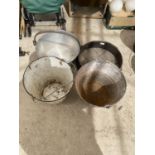 AN ASSORTMENT OF ITEMS TO INCLUDE A JAM PAN, GALVANISED BUCKETS AND A SILT PAN ETC