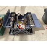 A METAL TOOL BOX WITH THE CONTENTS OF TOOLS TO INCLUDE SPANNERS AND HARDWARE