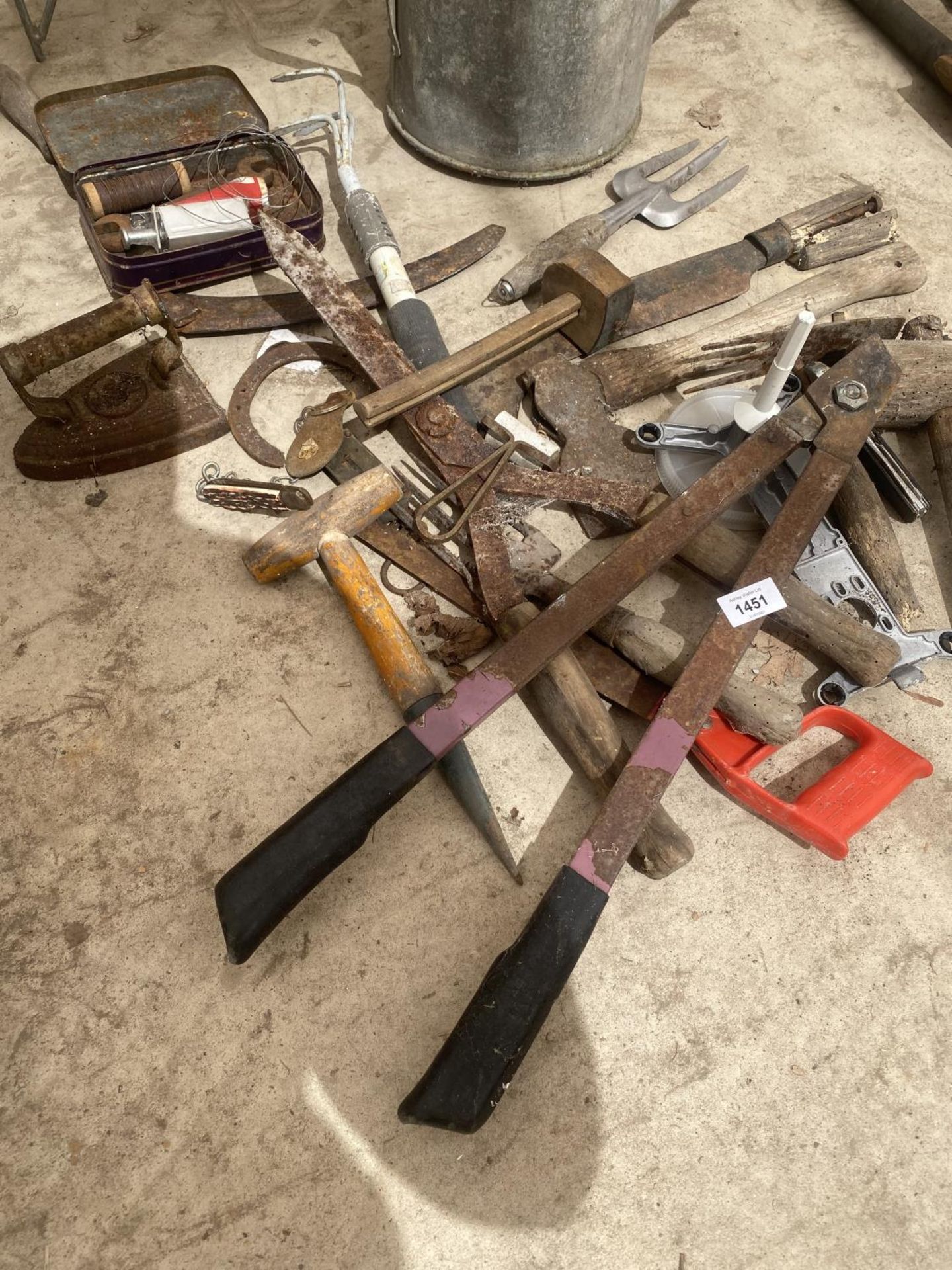 AN ASSORTMENT OF TOOLS TO INCLUDE A GALVANISED WATERING CAN, SHEARS AND AXE ETC - Image 3 of 4