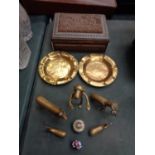 A CARVED TREEN BOX AND VARIOUS BRASSWARE TO INCLUDE ANIMALS, , PILL BOXES ETC