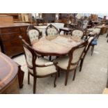 AN ITALIAN STYLE DINING TABLE AND SIX BUTTON-BACK CHAIRS, TWO BEING CARVER