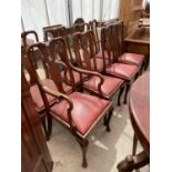 A SET OF EIGHT QUEEN ANNE STYLE DINING CHAIRS ON CABRIOLE LEGS, TWO BEING CARVER