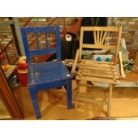 TWO SMALL CHILDRENS WOODEN CHAIRS, ONE FOLDING AND ONE PAINTED BLUE