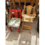 A SMALL DOLLS HIGH CHAIR AND A FURTHER CHILDRENS CHAIR