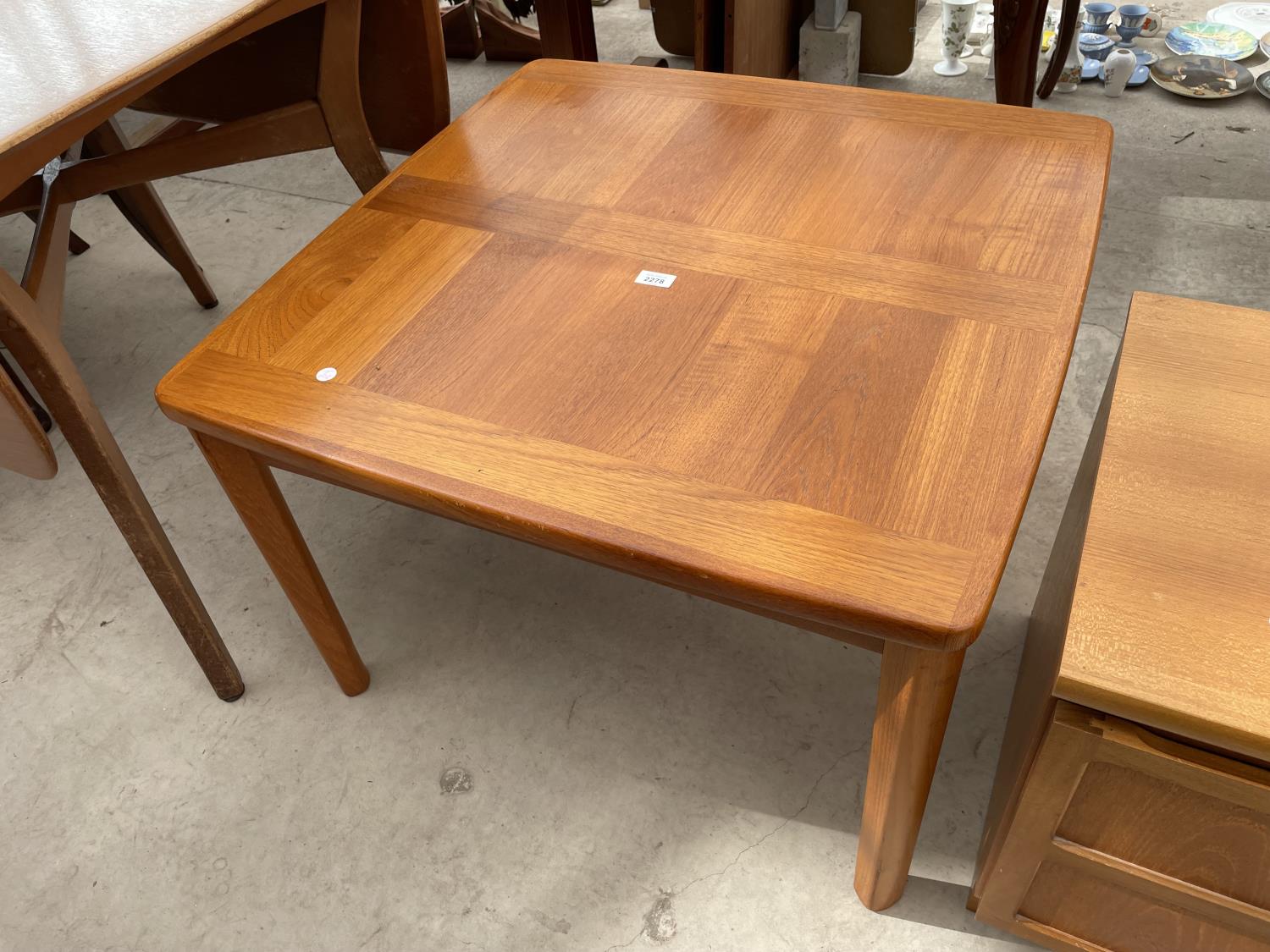 A RETRO TEAK COFFEE TABLE BEARING STAMP MADE IN DENMARK, BY A.B.J., 31" SQUARE