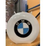 A WHITE BMW PETROL CAN WITH BRASS STOPPER