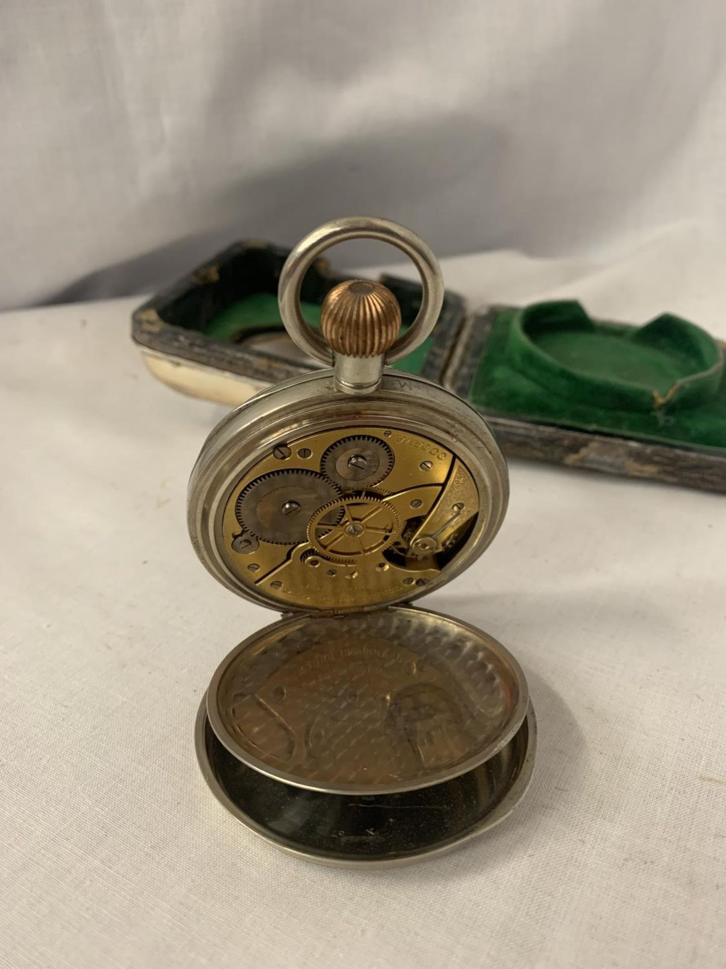 A GOLIATH POCKET WATCH, NO HANDS BUT MOVEMENT WORKING AT TIME OF CATALOGING IN A FITTED WALKER AND - Image 4 of 5