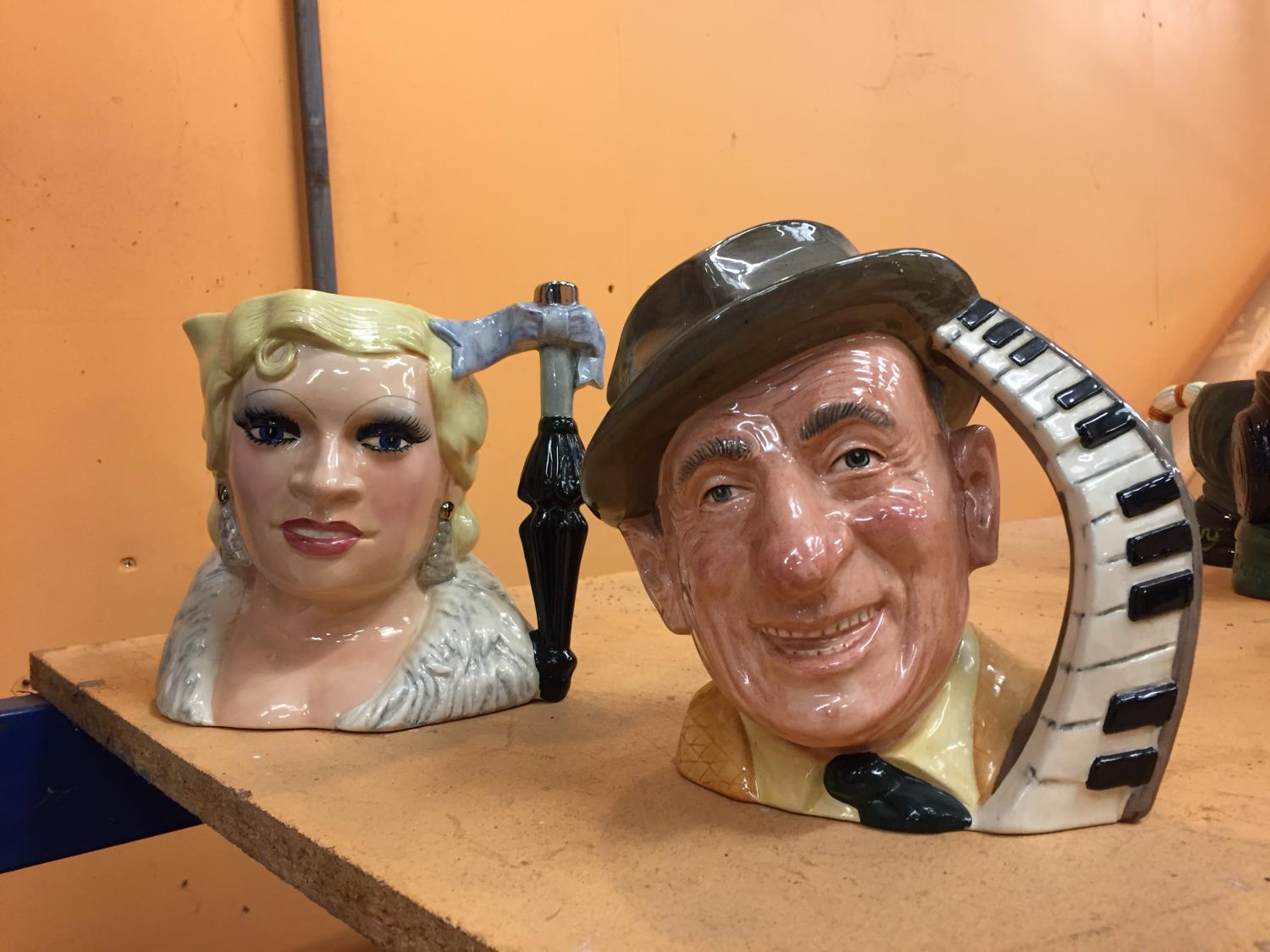 TWO LARGE ROYAL DOULTON TOBY JUGS 'THE CELEBRITY COLLECTION' MAE WEST AND JIMMY DURANTE