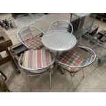 A STAINLESS STEEL BISTRO SET WITH ROUND TABLE AND FOUR CHAIRS