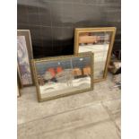 TWO GILT FRAMED BEVELED EDGE MIRRORS ONE WITH ETCHING OF A HORSE AND CART SCENE